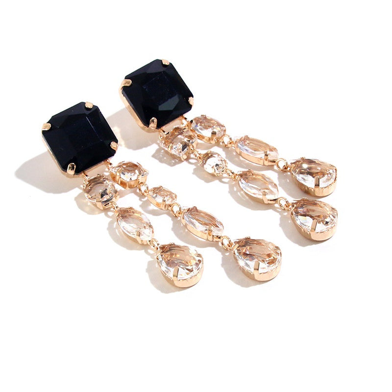 Black Gemstone Earrings with Crystals